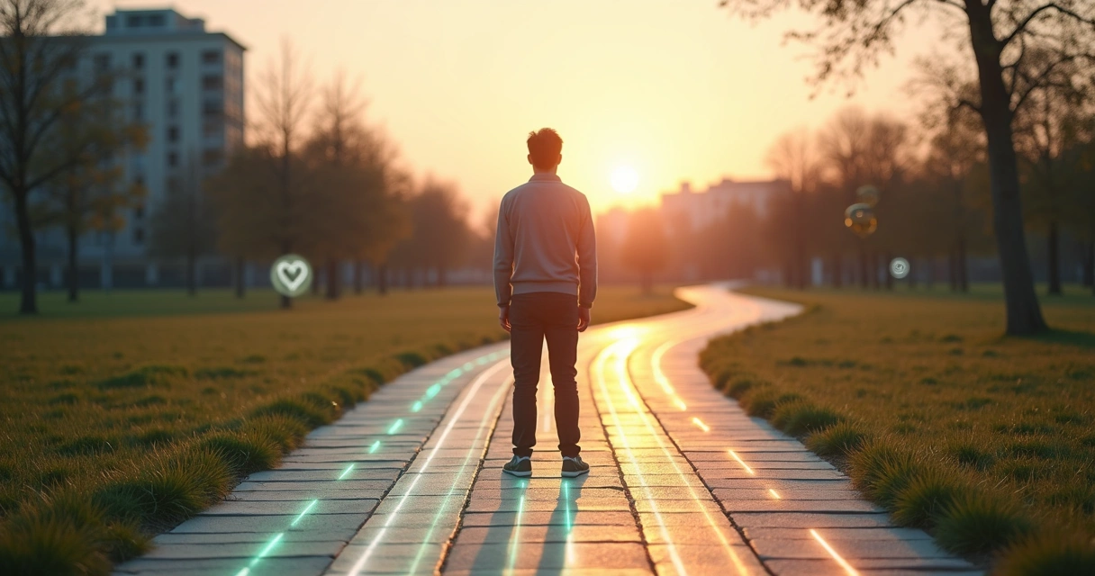 Person standing at crossroads with seven illuminated paths in a calm cityscape at sunrise 