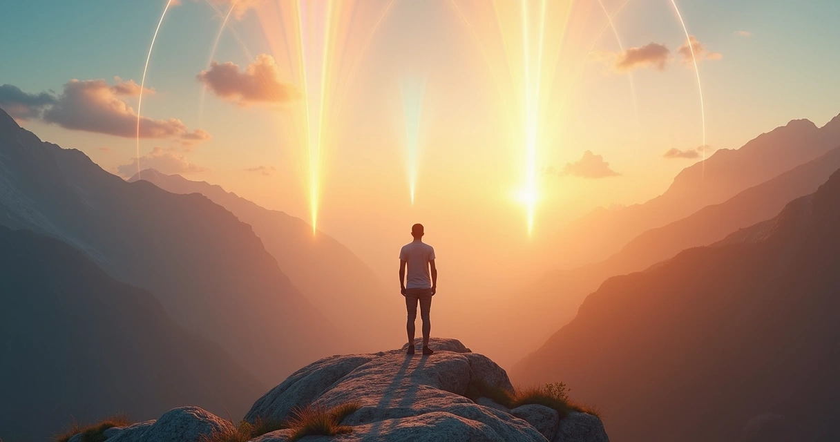 Person on a mountain ridge choosing between luminous paths in the sky 