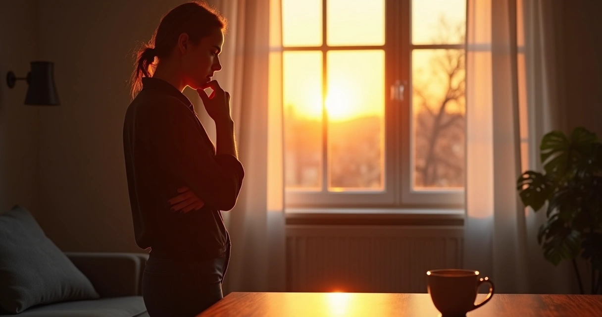 Person pausing with hand on chin, deep in thought at sunrise window 