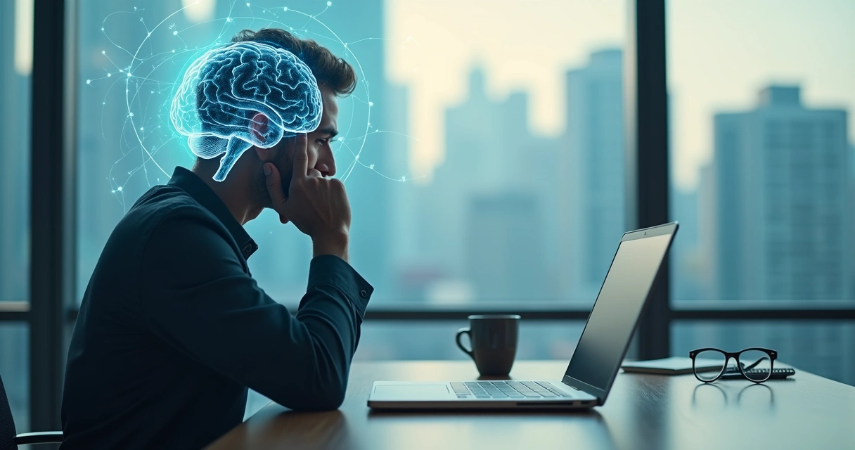 Business leader making a thoughtful decision with brain illustration overlay 