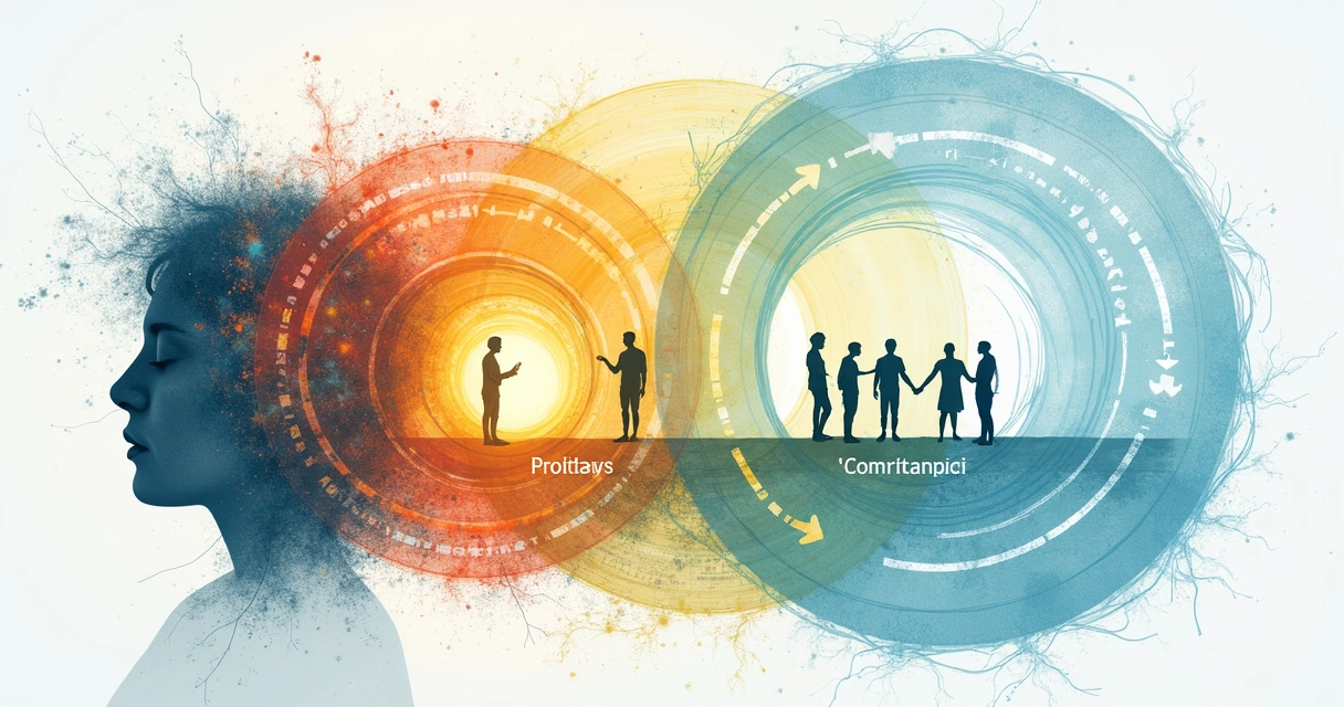 Visual diagram showing the steps of conscious decision-making method, starting from awareness and intention, leading through reflection, perspective shift, action, and integration. 