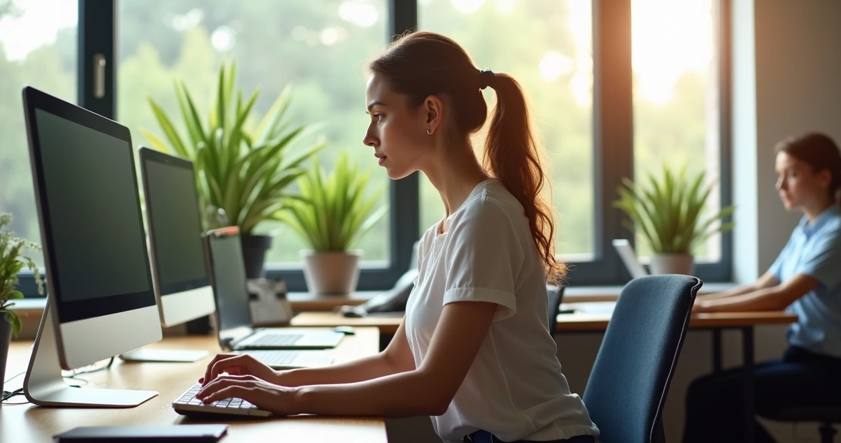 Woman adjusting posture at desk, straightening back to breathe deeply