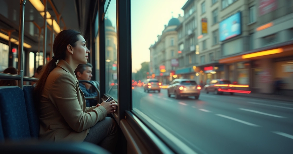 Calm person on city bus surrounded by blurred motion outside the window 