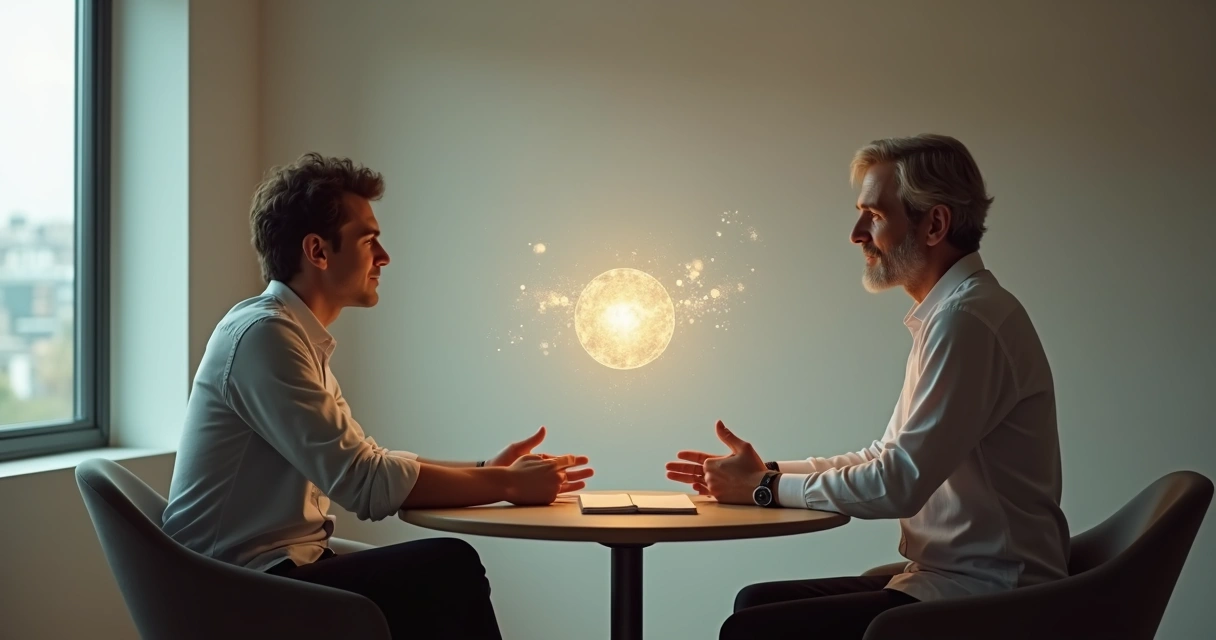 Two people in calm conversation with a glowing space between them 