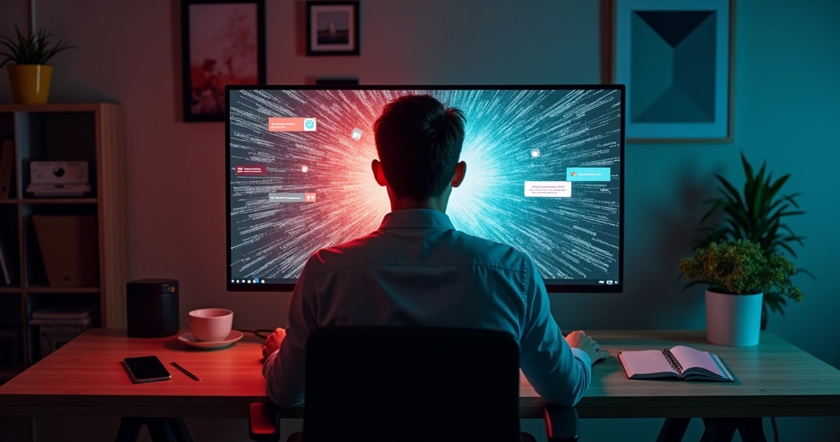 Person at computer choosing between positive and negative digital paths 