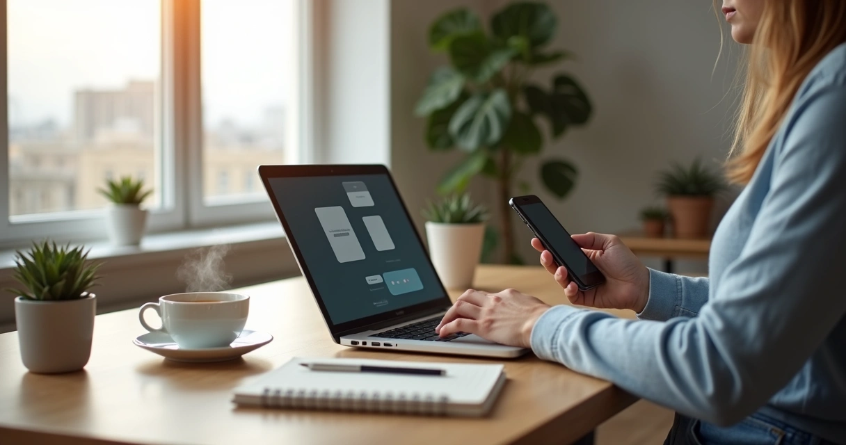 Person calmly using a laptop and phone with mindful focus 