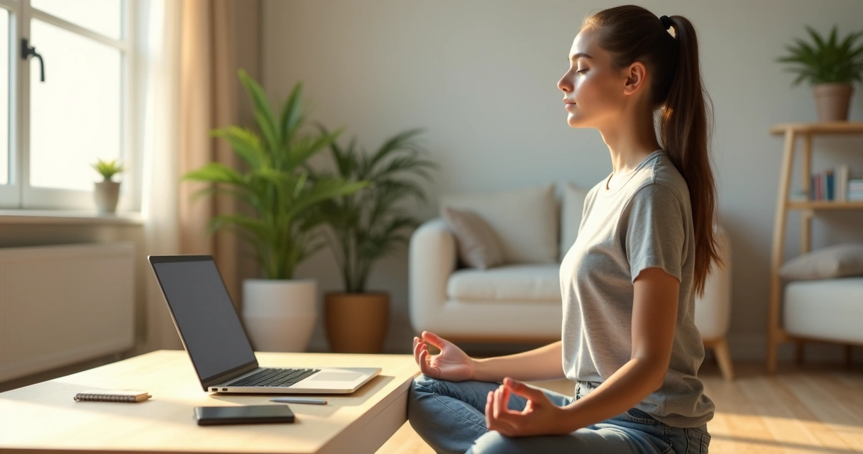 Person meditating calmly with laptop and smartphone in a bright minimalist room 