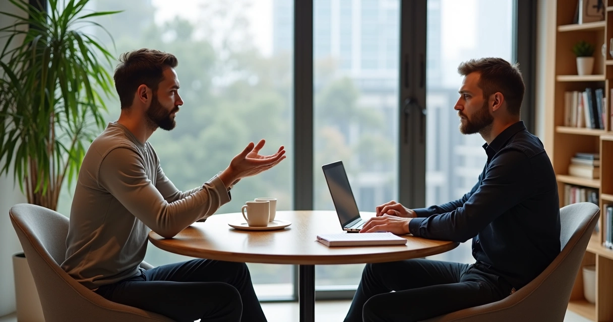 Two people in a calm conversation with contrasting viewpoints at a table 