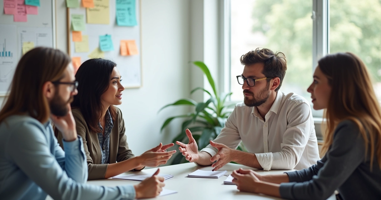 Group of people in discussion, some expressing disagreement, body language shows respect and focus. 