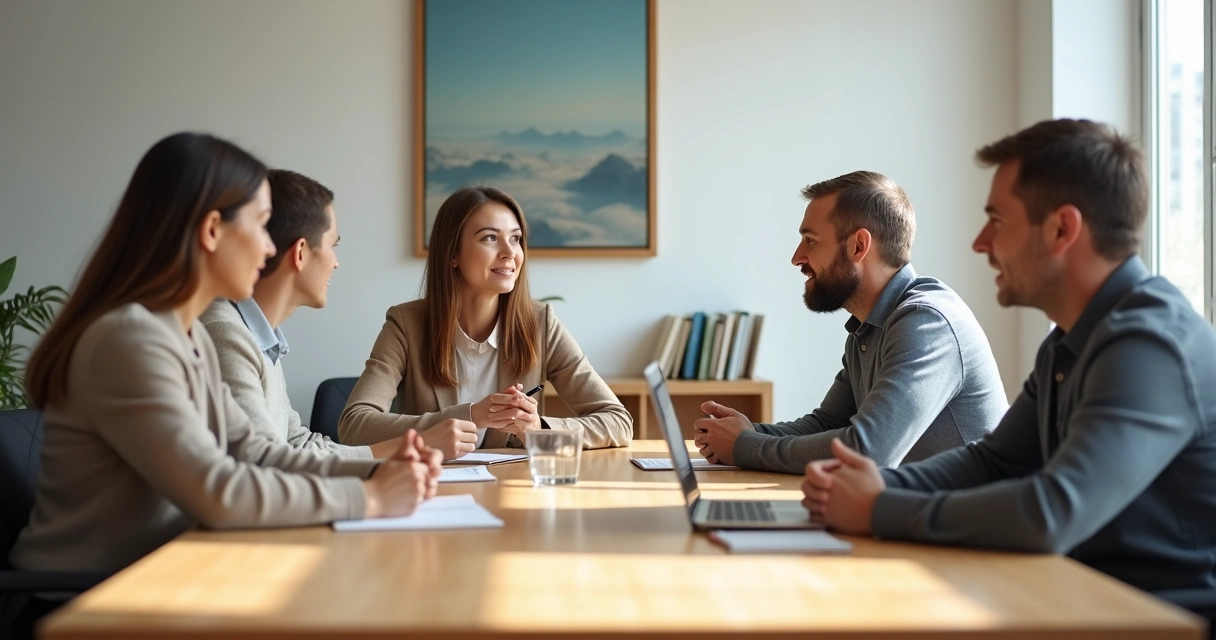 Diverse group in calm discussion around a table 