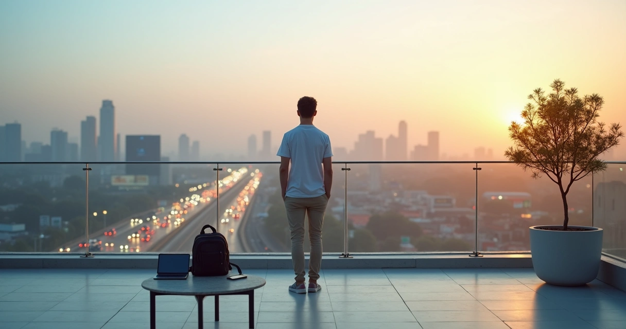 Person on a rooftop terrace stepping back from busy city below 
