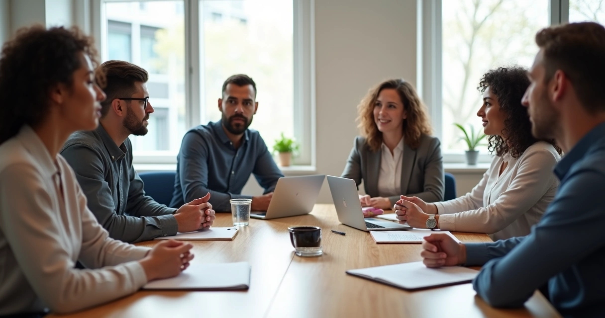 Team in calm discussion around a table with one person thoughtfully expressing dissent 