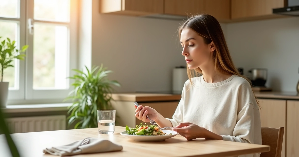 Woman eating mindfully at a table with a calm thoughtful expression 