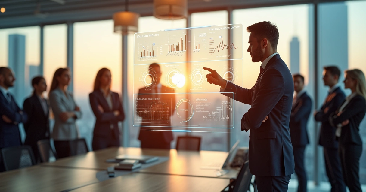 Executive viewing a transparent KPI dashboard blending financial and human metrics 