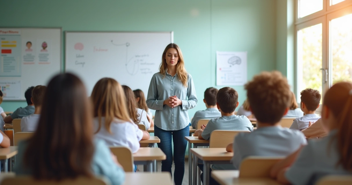 Teacher guiding mindful breathing exercise with students in a bright classroom 