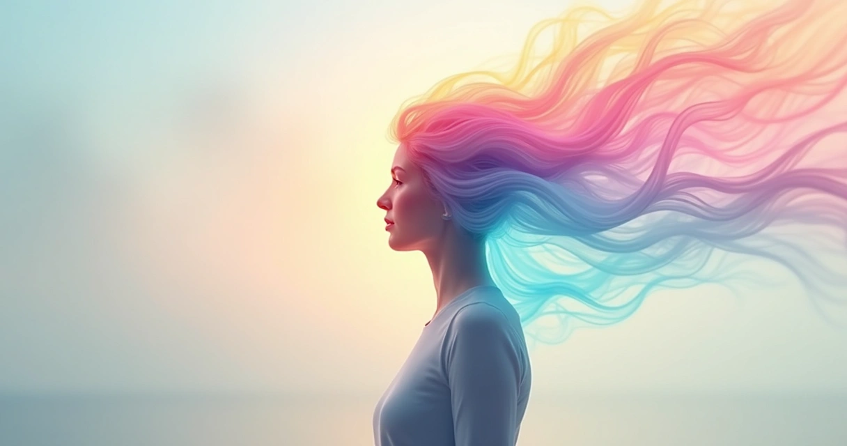 Human figure with gentle, colorful waves flowing smoothly from heart and mind, symbolizing conscious emotional flow