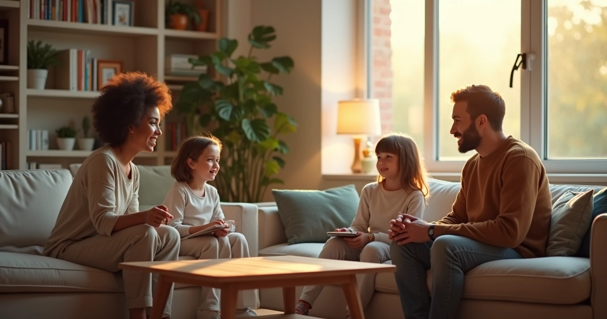 Family sitting in living room having calm conversation 