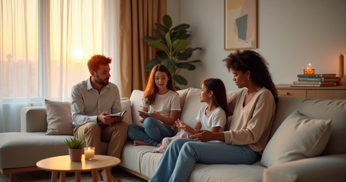 Family sitting together on a sofa having a calm, conscious conversation at home 
