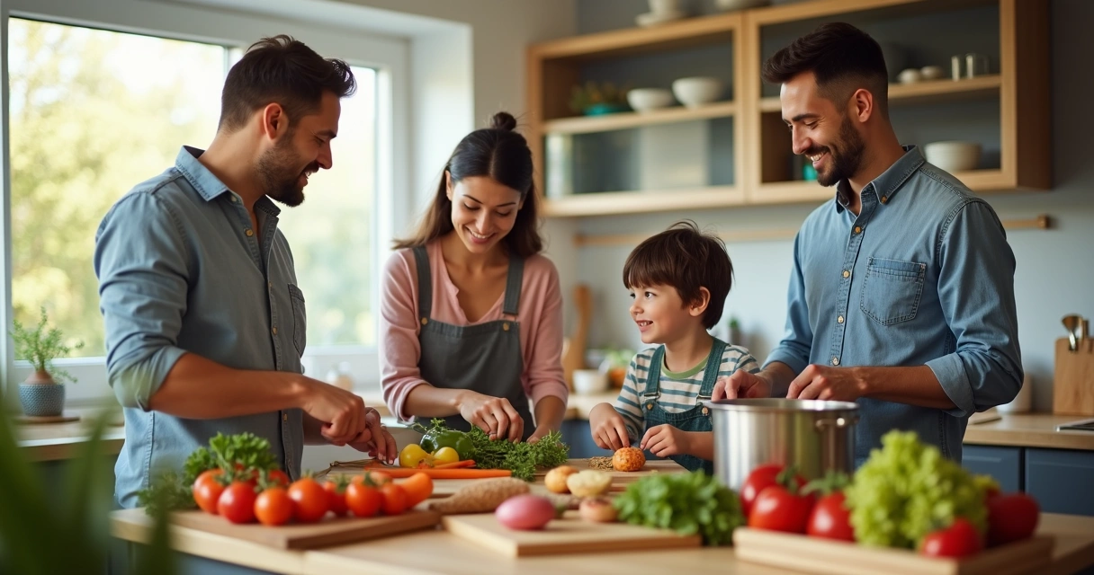 Family preparing a meal together, parents and children sharing tasks in a bright kitchen. 
