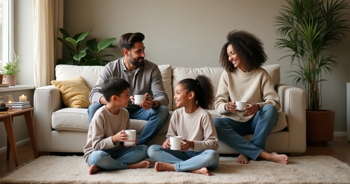 Family sitting together in a cozy living room sharing a calm conscious moment 