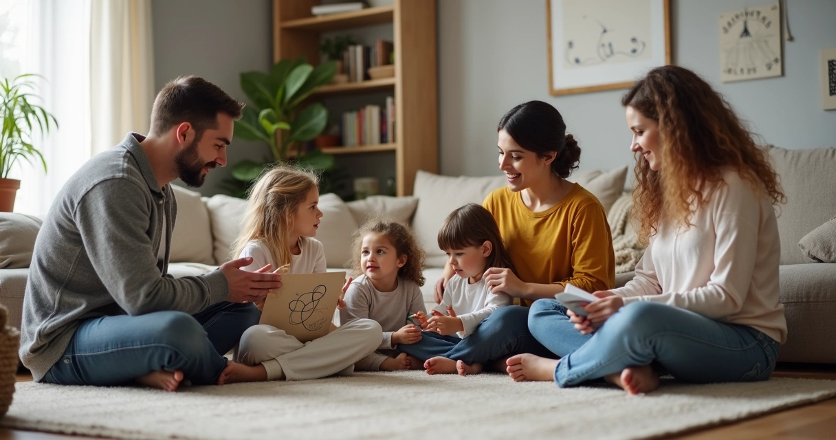 Parents and children sitting in a circle on the living room floor connecting with each other 
