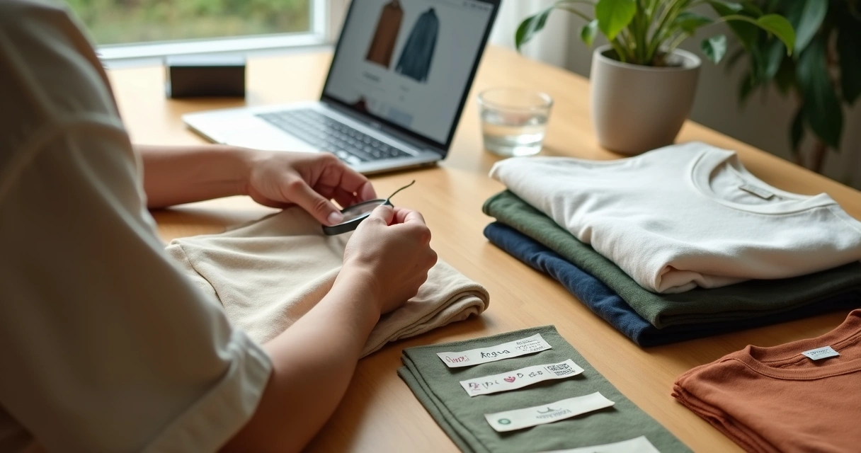 Person examining clothing labels and fabric samples for conscious fashion choices 