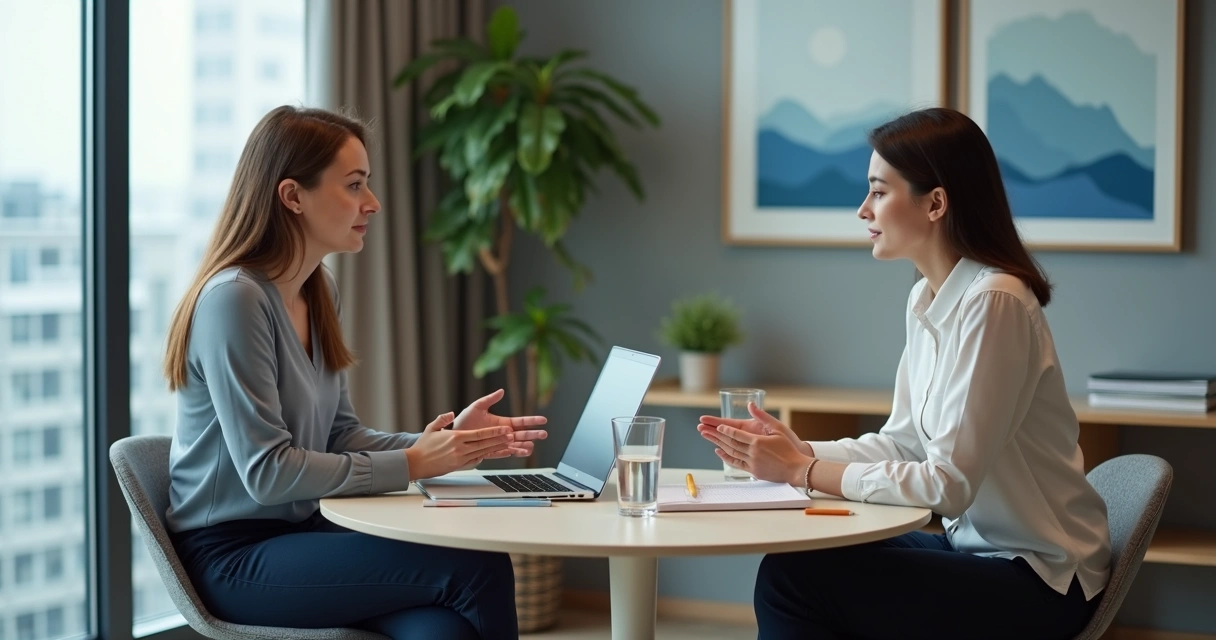 Two professionals in a calm office exchanging constructive feedback across a table 
