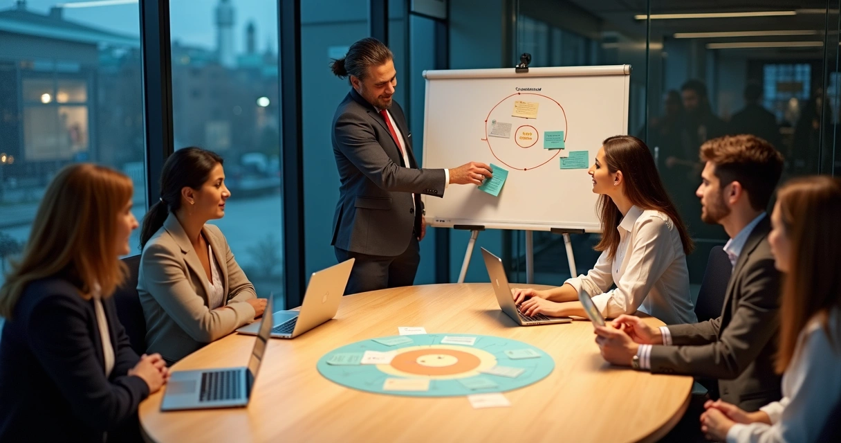 Leaders in a glass-walled office using cards to explore feedback culture 
