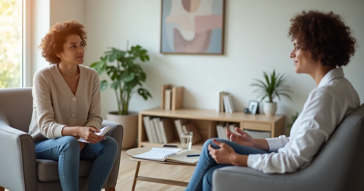 Person reflecting while receiving conscious feedback in a calm coaching session 