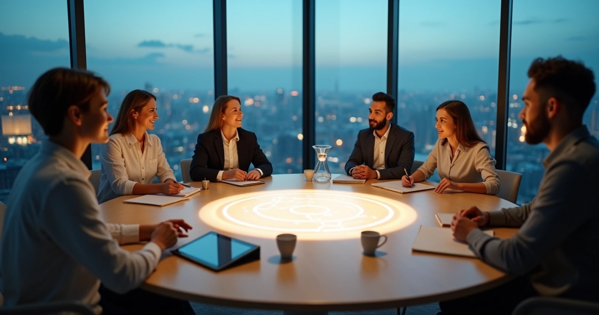 Diverse team in thoughtful meeting sharing feedback around a glowing central table 
