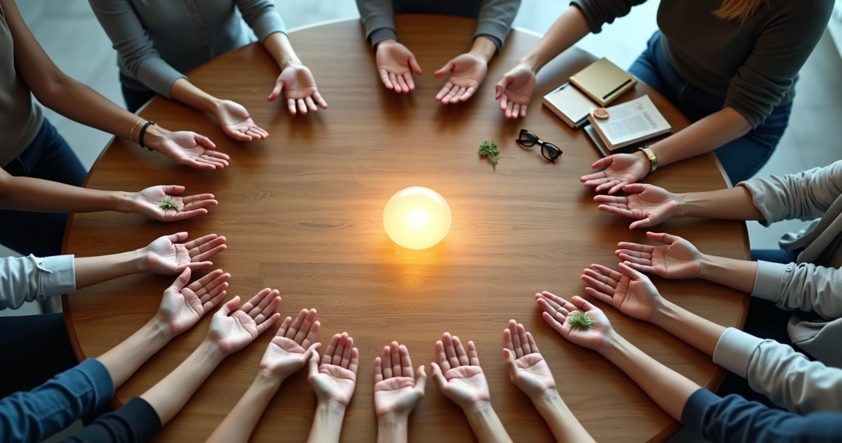 Overhead view of open hands forming a spiral around a glowing symbol of trust 