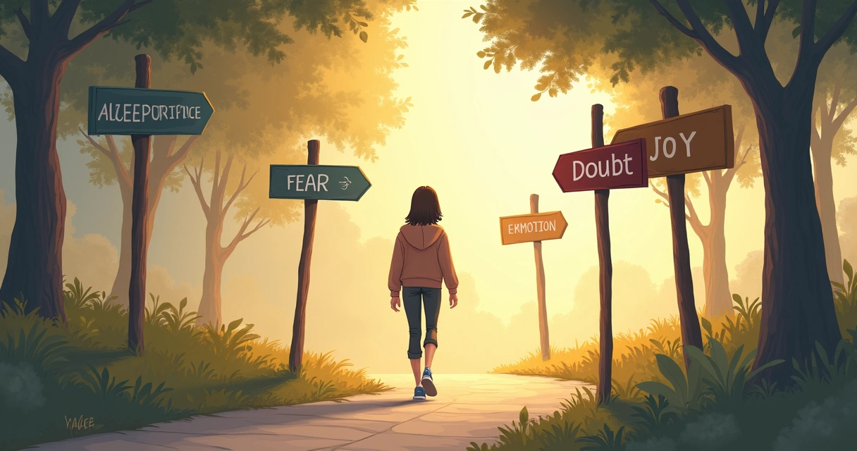 Person walking along a winding path, surrounded by various signposts indicating different emotions and choices