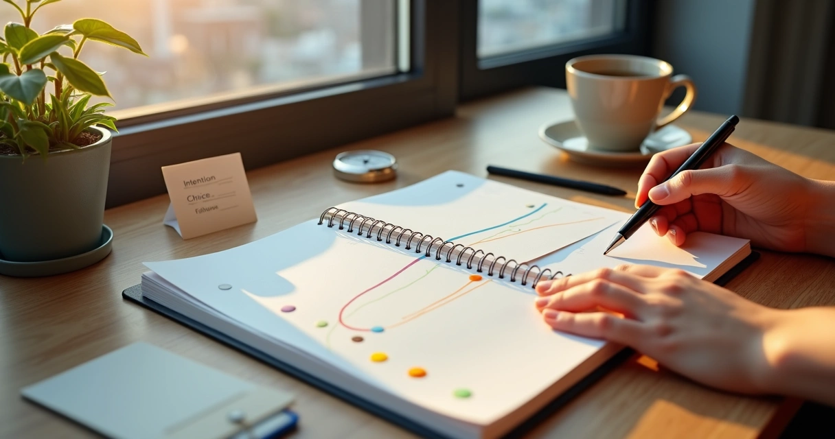 Person arranging goal markers along a glowing path on a desk planner 