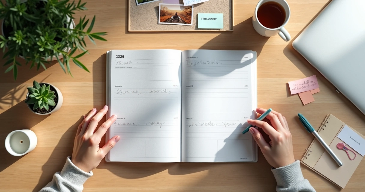 Overhead view of mindful workspace with yearly vision board planner and soft natural light 