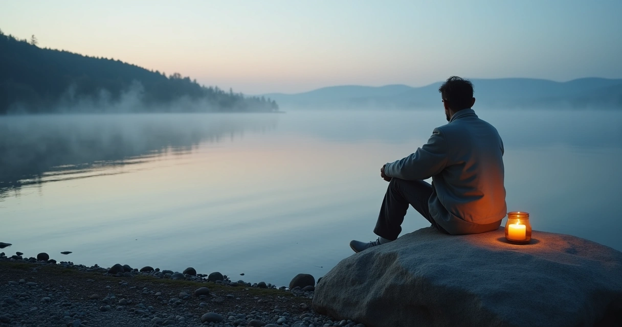 Person sitting by a lakeshore at dawn with a lantern beside them 