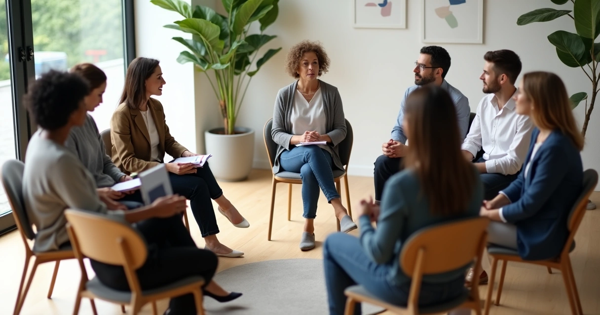 Diverse group in a circle engaged in a mindful decision meeting 
