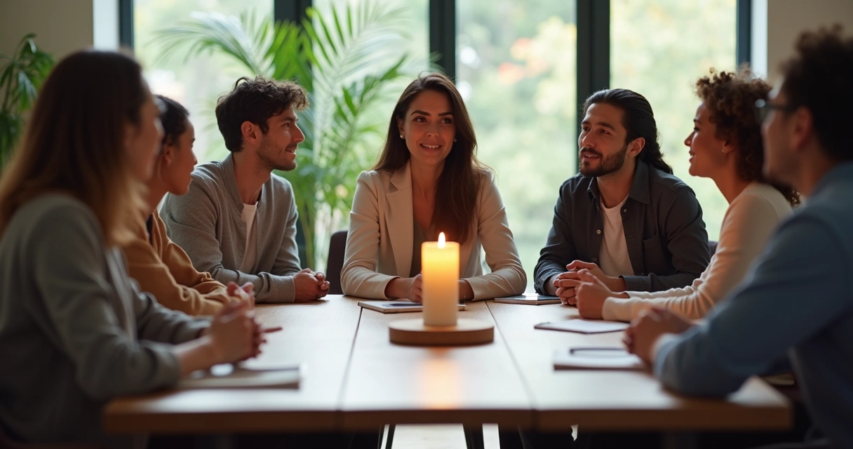 Diverse group in a circle meeting making a calm collective decision 