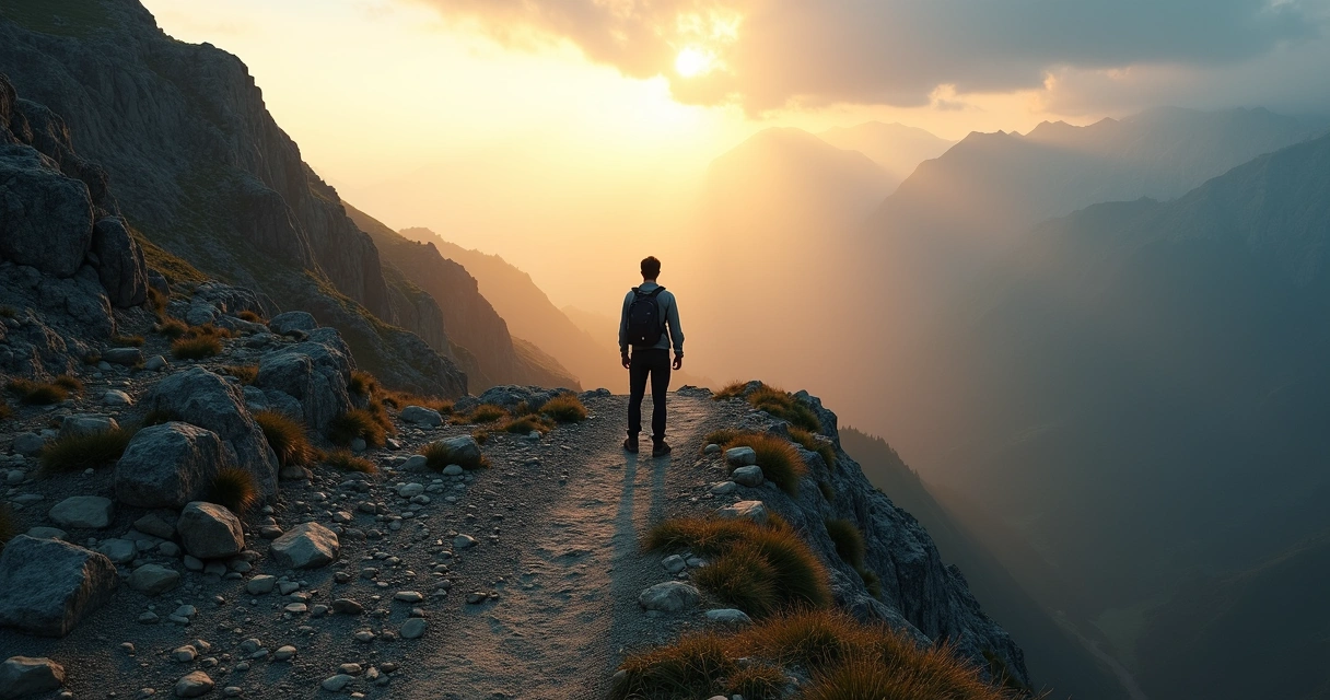 Person standing on a mountain path at sunrise facing a branching trail 