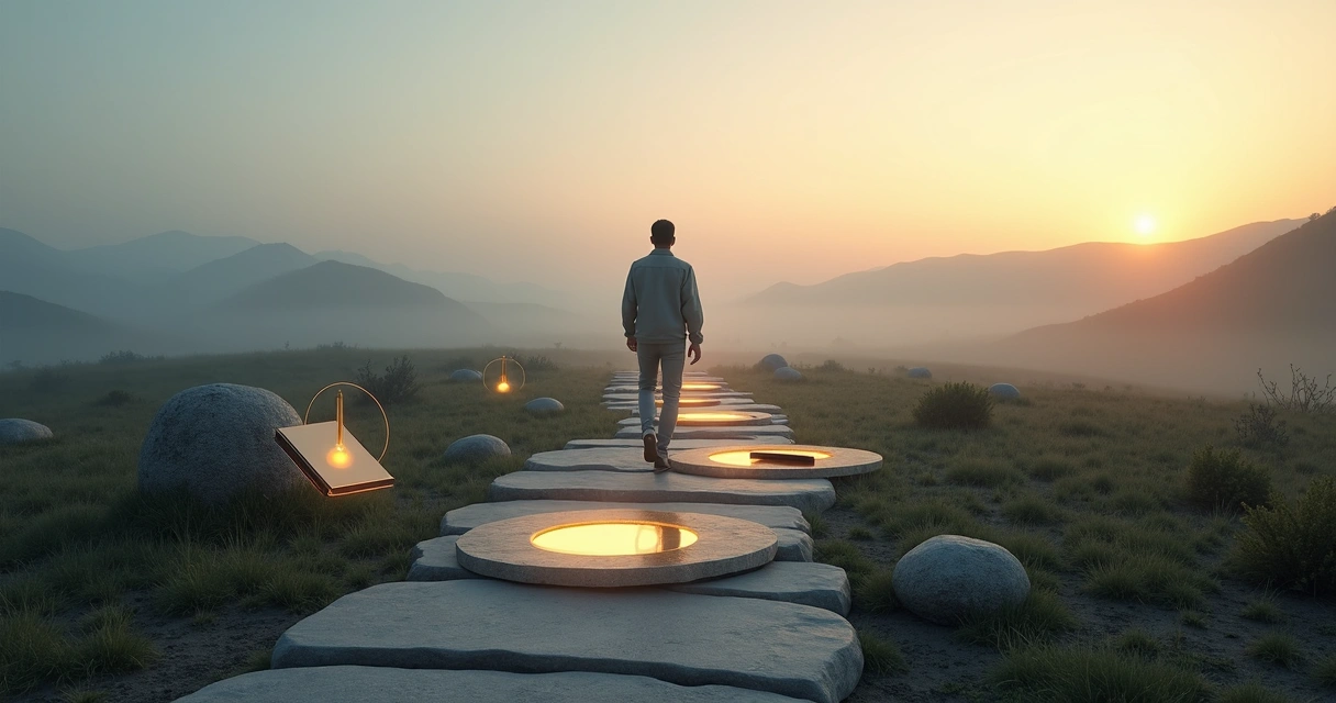 Person walking along a illuminated path dotted with symbols of self-assessment tools 