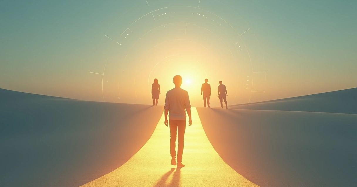 Person walking along a luminous path with layered silhouettes symbolizing conscious habit formation 