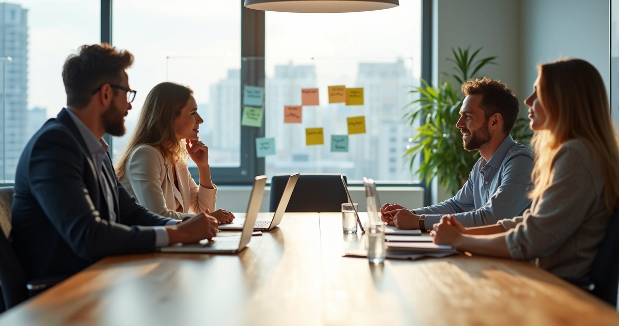 Diverse hiring panel interviewing a candidate in a calm modern office 