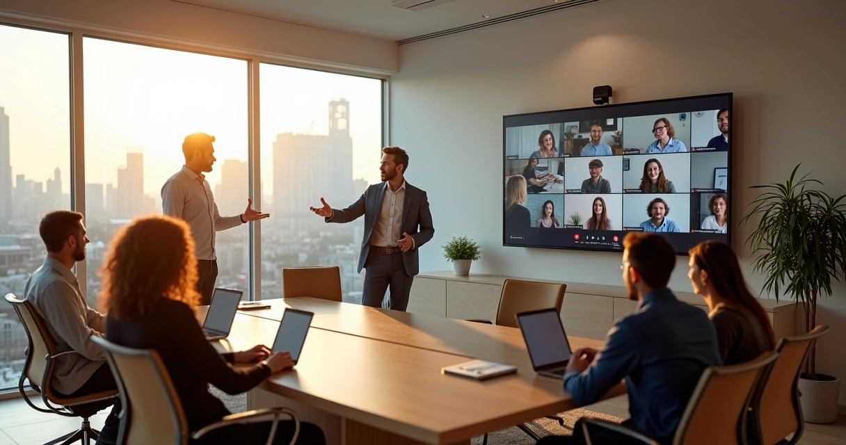 Leader guiding a diverse team in a hybrid meeting with screens and people in the same room 