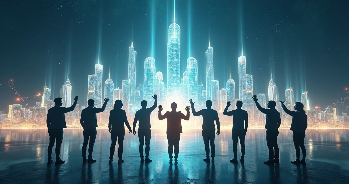 Abstract view of people shaping luminous institutional structures 