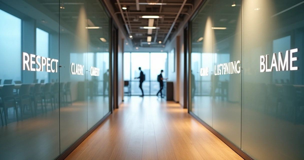 Open office corridor lined with large word murals about conscious workplace language 