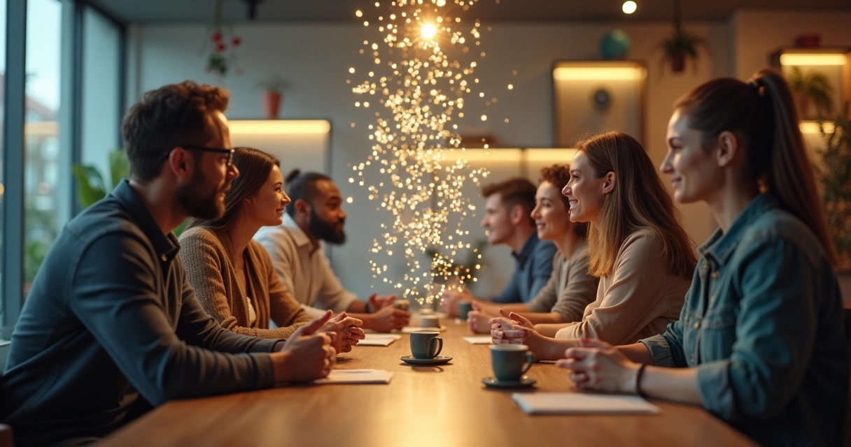 Two people in conversation with glowing words shaping the group around them 