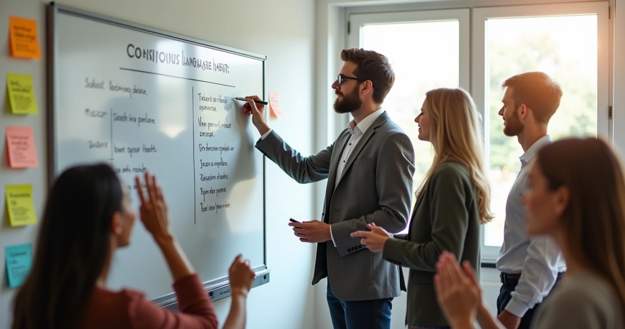 Colleagues participating in a workplace language workshop 