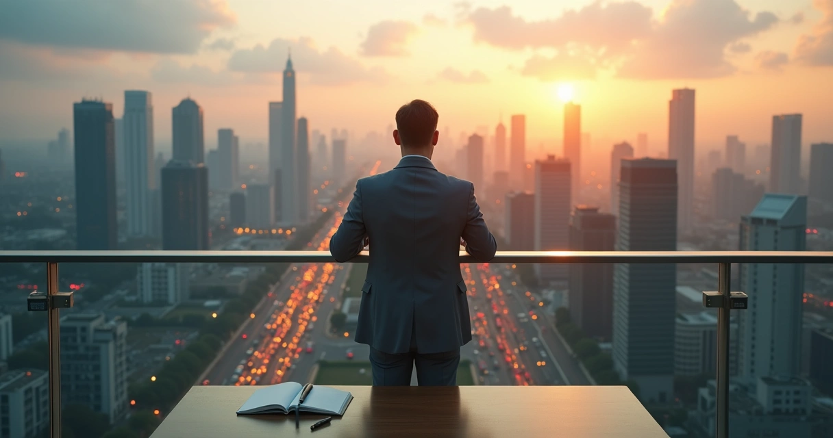 Leader standing above city skyline choosing mature path in leadership 