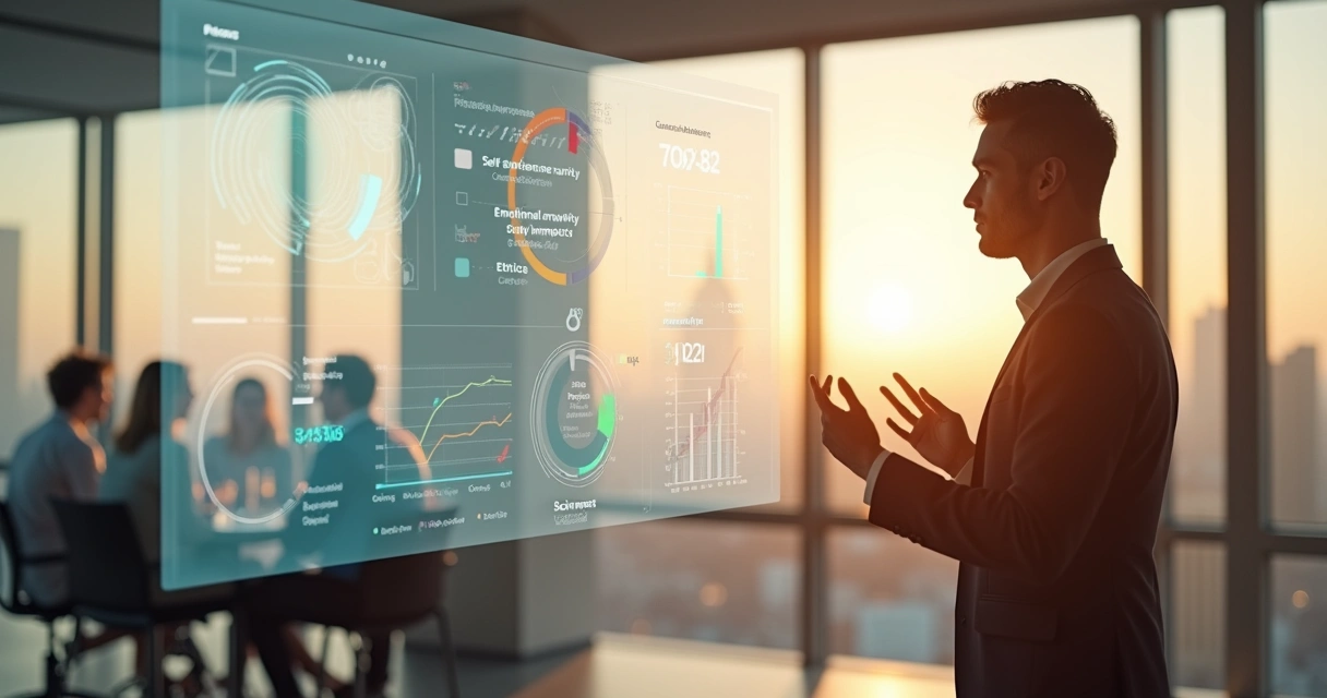 Executive leader standing before a transparent dashboard assessing social and organizational impact metrics 