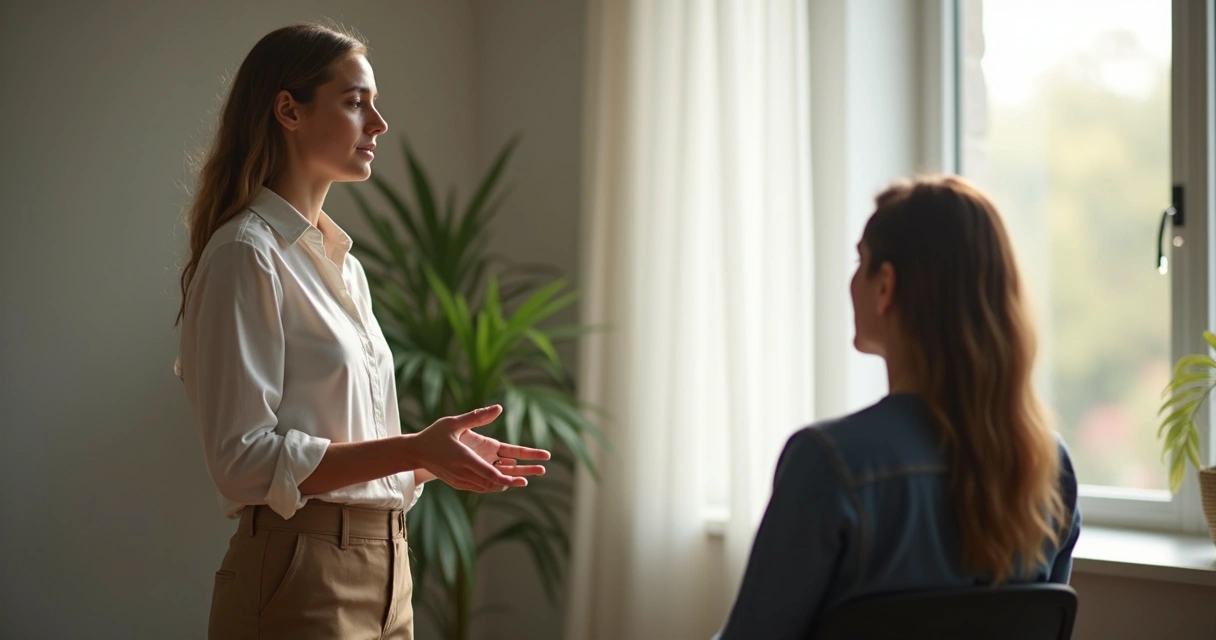 Leader demonstrating open body language while speaking with a team member 