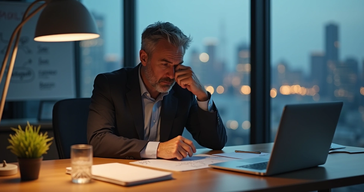 Conscious leader sitting at desk in modern office looking exhausted at city skyline 